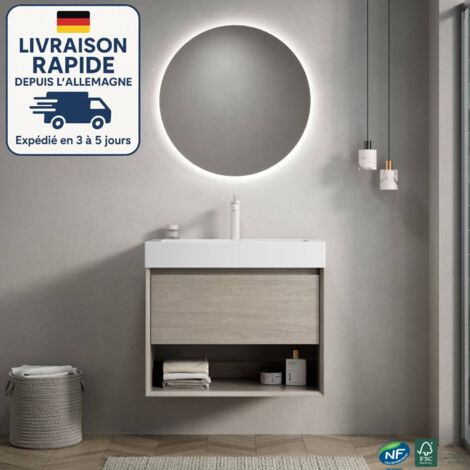 Mobile lavabo singolo - Sospeso - 70 cm - Lavabo rettangolare da incasso in resina bianca con cassetto e ripiano a giorno - Premontato - Finitura rovere chiaro