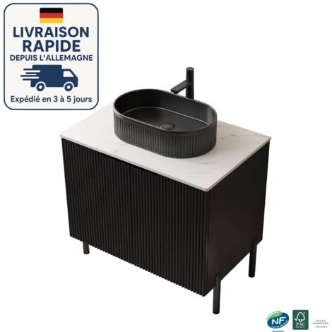 Mobile lavabo da bagno da 76 cm - Fornito con lavabo ovale in ceramica a righe nere - Piano di lavoro in pietra di Carrara sinterizzata bianca - Ante a doppia rigatura - Laccato nero - D (1/5)