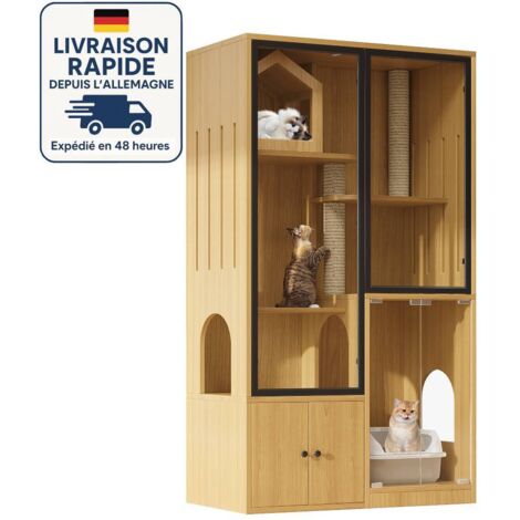Tiragraffi moderno - Vetrina in vetro temperato - 90x50x160cm - Legno certificato PEFC - La zona inferiore offre spazio flessibile per cibo, lettiera e accessori per gatti -B