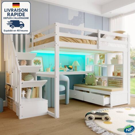 MODFU - Letto a soppalco matrimoniale per bambini 140x200 cm con illuminazione a LED, struttura in legno, contenitore integrato sotto il letto, scrivania e libreria, 2 cassetti, materasso non incluso,