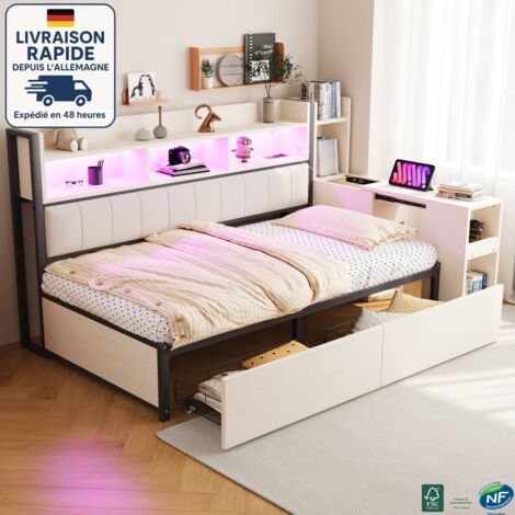 MODFU - Divano letto per bambini 90×200cm con cassetti, scrivania scorrevole, presa di corrente + luce LED, vano contenitore, materasso non incluso, legno + MDF, bianco (1/5)