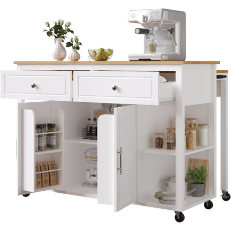 MODFU - Carrello da cucina su ruote, 2 cassetti, 2 ante, isola centrale con tavolo allungabile e ripiani regolabili, 120×50/81×92cm, MDF, bianco