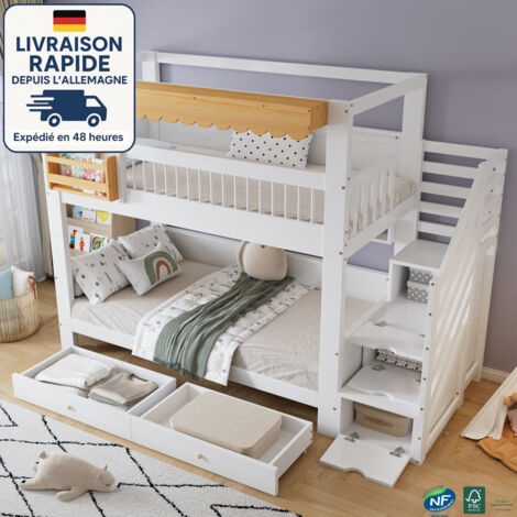 Letto a castello per bambini 90x200 cm con scala contenitore (3 ripiani), 2 cassetti con rotelle, ripiano laterale — legno + MDF, bianco/naturale