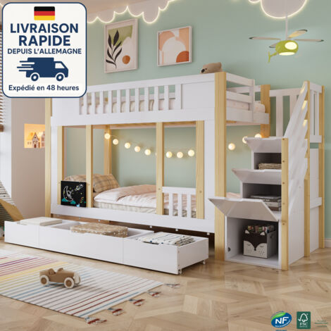 Letto a castello per bambini 90 x 200 cm bianco + naturale, armadio-scala con contenitore, 3 cassetti con rotelle, tavolo da gioco, struttura in legno + MDF