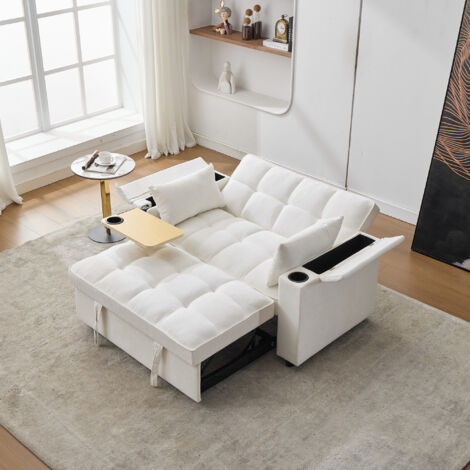 Divano trasformabile (larghezza estensibile 161 cm), trasformabile, schienale regolabile 108°/135°/180°, porte USB/Type-C, tessuto, ripiano nascosto, beige