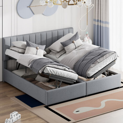 Letto per adulti 180 x 200 cm, letto contenitore con sollevamento idraulico, trasformabile in 2 letti singoli 90 cm, rivestimento in lino, rete a doghe - grigio (1/5)