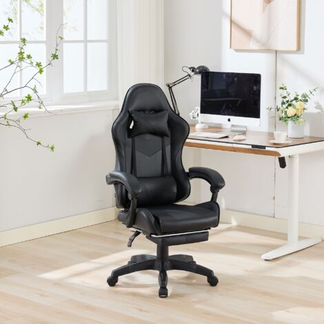 Sedia da gaming ergonomica con schienale alto, 64×58×117–126,5 cm, similpelle PVC, poggiapiedi e massaggio lombare - nero (1/5)