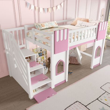 Letto a soppalco per bambini 90 x 200 cm con scala contenitore e finestre, struttura in pino e MDF, bianco/rosa