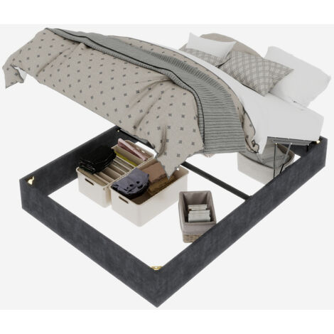 Letto 160x200 - Letto contenitore per adulti 160x200 - con vano contenitore sollevabile, rete a doghe integrata, tessuto in velluto e struttura in metallo - grigio (1/5)