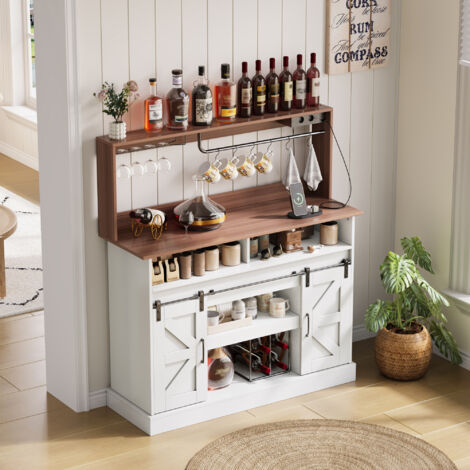 MODFU - Mobile bar 120 x 40 x 130 cm, angolo caffè con 2 prese di corrente + 2 porte USB, ripiani e ante scorrevoli, MDF, bianco/naturale