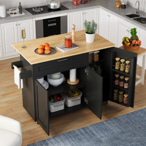 MODFU - Carrello da cucina mobile a isola 132,5 x 44(70) x 90 cm, piano estensibile, 5 ruote (2 con freno), MDF effetto rovere, nero (1/5)