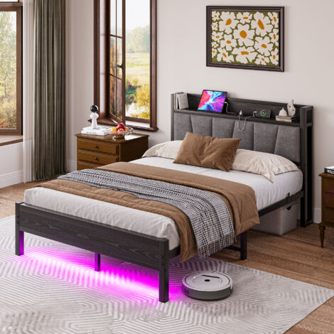 MODFU - Letto per adulti 140x190 cm con illuminazione LED multicolore, testiera con contenitore e porta USB, struttura in metallo/MDF nero, materasso non incluso (1/5)