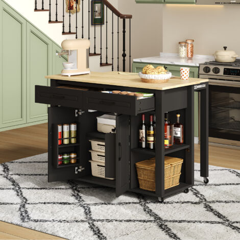 MODFU - Carrello da cucina estensibile 120×50 cm con barra 110×27 cm, prese AC e USB, 2 cassetti, 2 ante, MDF nero/naturale (1/5)