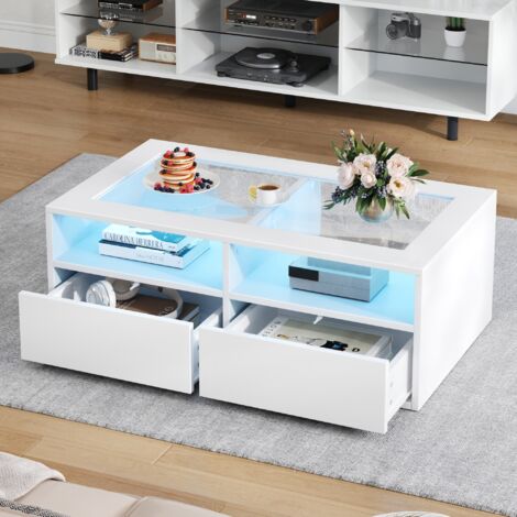 Tavolino da caffè 100 x 50 x 35 cm con illuminazione a LED, doppio piano in vetro temperato, 2 cassetti, vano a giorno, bianco