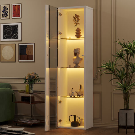 MODFU - Vetrina LED multifunzionale da 170 cm, ripiani in vetro, porta in acrilico, LED multicolore, pannello di particelle, bianco