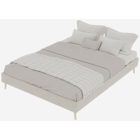 Letto 160x200 - Letto per adulti 160x200, struttura bassa, rete a doghe, tessuto in velluto e struttura in metallo, beige (1/5)