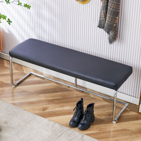 Panca da ingresso da 130 cm, imbottita in similpelle (PU), gambe in metallo cromato, multifunzionale (sala da pranzo, corridoio, piedi del letto) — nera