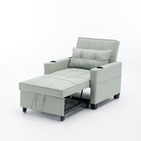 Poltrona 3 in 1 trasformabile in letto per gli ospiti, reclinabile in 3 posizioni, portabicchieri e porta USB, legno + metallo, verde chiaro