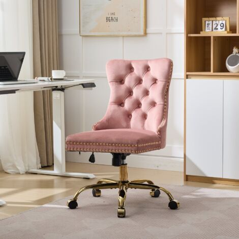 Sedia da ufficio - Sedia da ufficio in velluto, seduta ampia e profonda, schienale con bottoni, base in metallo dorato, rosa