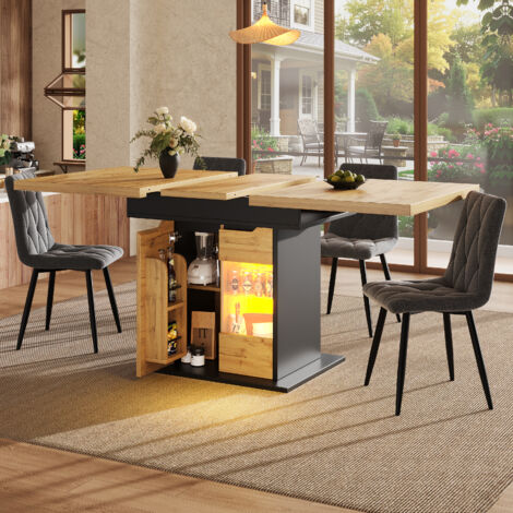 Tavolo da pranzo allungabile con illuminazione a LED e vano porta-spuntini, 4-6 posti, MDF e vetro, 110/140×80×76 cm, nero/naturale (1/5)