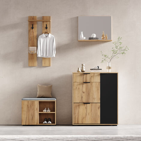 Mobile da ingresso, mobile per ingresso – appendiabiti con panca imbottita, scarpiera, specchio, 4 ganci, 5 ante, truciolato, naturale/nero