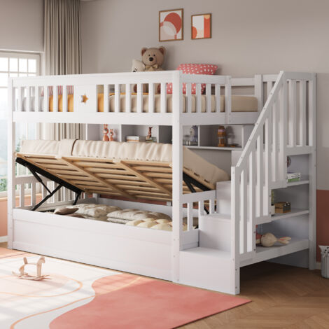 Lit superposé coffre 90x200 cm enfant avec rangements, escalier à compartiments et étagères, bois blanc