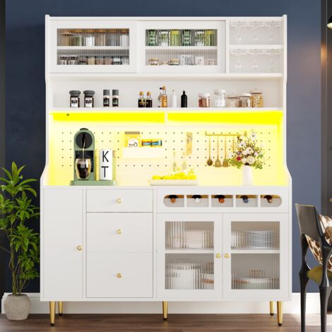 Buffet de cuisine - buffet Haut 145x39x171 cm avec LED contrôlée par appli USB, étagères réglables, tiroir porte-bouteilles, blanc