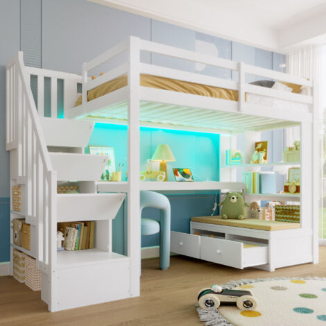 Lit mezzanine enfant 90x200 cm avec bureau, étagères, 2 tiroirs et escalier rangement, pin/MDF blanc