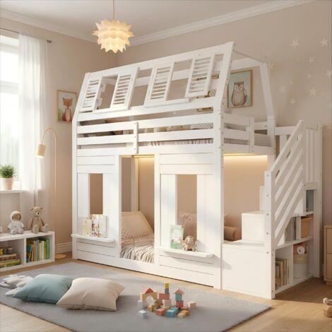 Letto a castello per bambini 90x200 cm con illuminazione a LED, scaletta portaoggetti a destra, finestra apribile, pino bianco