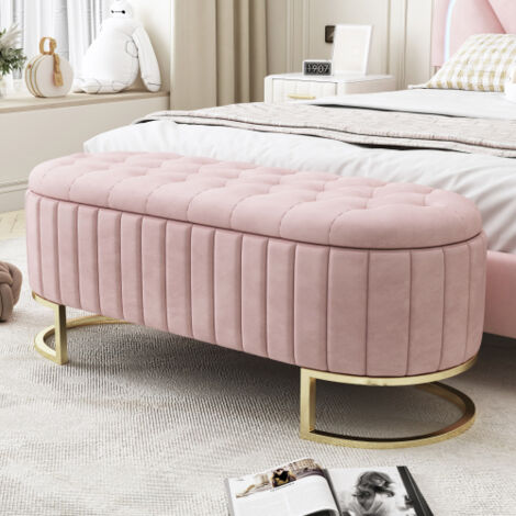 Panca contenitore imbottita 120x40 cm, seduta aggiuntiva con contenitore, gambe in metallo, velluto rosa