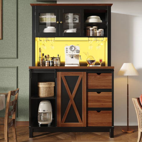 Credenza alta 104x40x180 cm con illuminazione LED RGB controllabile tramite app, anta scorrevole in vetro, MDF, metallo, vetro nero