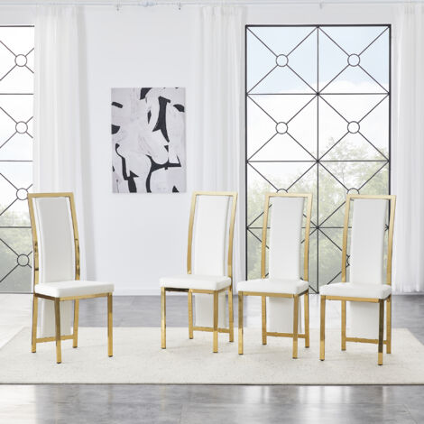 Set di 4 sedie da pranzo, 109 cm, schienale alto ergonomico, struttura in metallo, finitura PU e oro - bianco