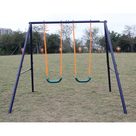 Altalena doppia per bambini dai 3 agli 8 anni, 259x188x180 cm, struttura esterna stabile, acciaio blu e verde