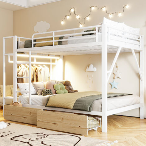 Letto a castello per bambini 140x200 cm con illuminazione a LED, 2 cassetti, ripiani e armadio integrato, in metallo bianco.