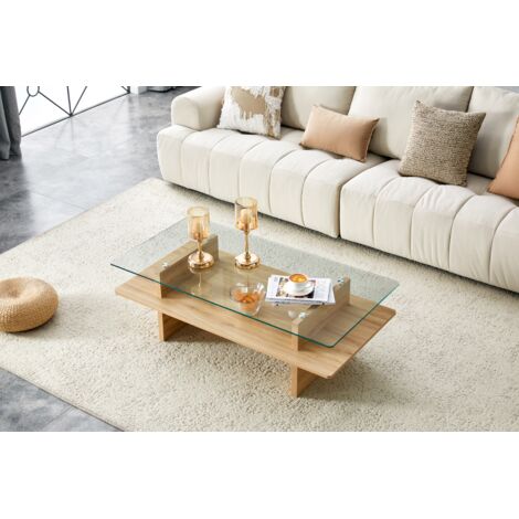 Tavolino da caffè a due livelli con piano in vetro temperato e ripiano in MDF, design moderno, finitura in legno naturale.