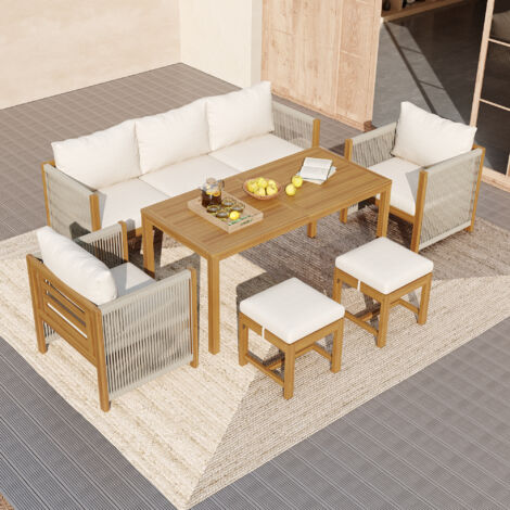 Set da pranzo da giardino composto da 6 pezzi e 7 posti a sedere, con tavolo in acacia, divani e sgabelli, in legno massello beige.