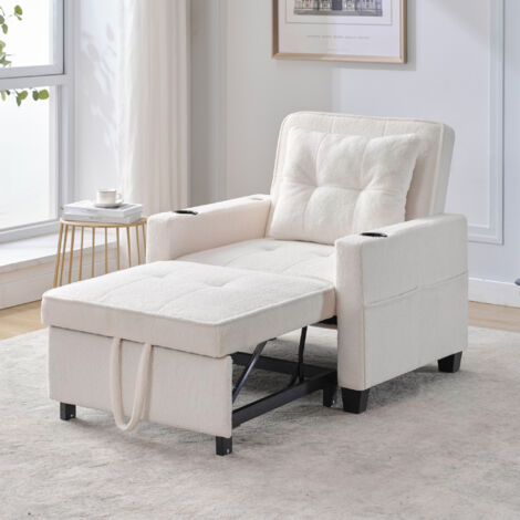 Poltrona trasformabile 3 in 1 con porta USB e portabicchieri, schienale regolabile, divano letto salvaspazio, legno bianco e metallo (1/5)