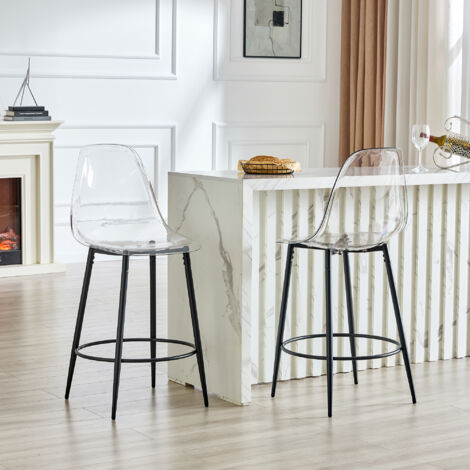 Set di 2 sgabelli da bar, 66 cm, con schienale, struttura stabile, in metallo nero e plastica trasparente. (1/5)