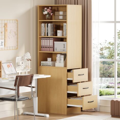 Libreria stretta 60x38x180 cm con 3 cassetti laterali e 2 ripiani regolabili in truciolato di rovere.