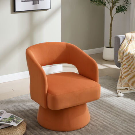 Poltrona girevole a 360° con braccioli curvi, design compatto per soggiorno o camera da letto, ciniglia arancione