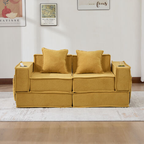 Divano modulare a 2 posti con tasche laterali e 2 cuscini, 162x78x66 cm, velluto a coste giallo senape