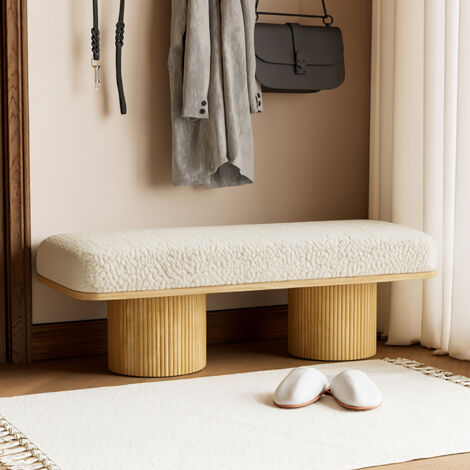 Panca imbottita in tessuto effetto orsetto, adatta come seduta per l'ingresso o accanto al letto, gambe in legno, stile moderno in legno naturale. (1/5)
