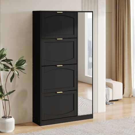 Scarpiera 80x147x24 cm con specchio, 4 ante a ribalta, ripiani regolabili, ingresso, in truciolato nero