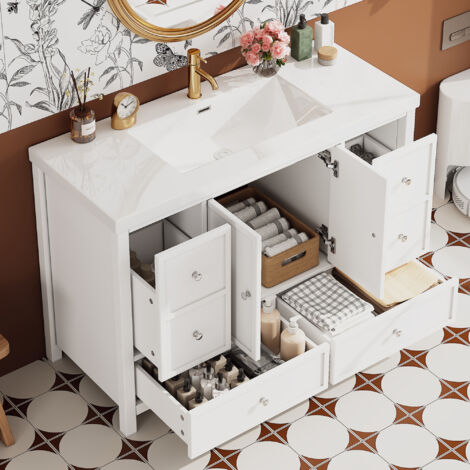 Mobiletto da bagno 120x50x86,5 cm con gambe, 4 cassetti, 2 ante con chiusura ammortizzata, in MDF laccato bianco. (1/5)