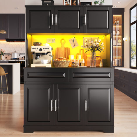 Credenza da cucina 108x40x180 cm con illuminazione a LED controllabile tramite app, ripiani regolabili, piano di lavoro, MDF nero