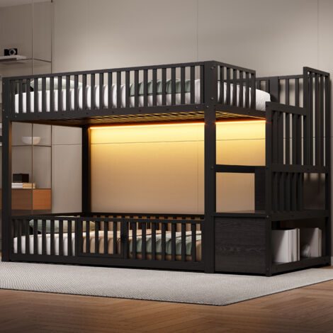 Letto a castello basso 90x200 cm con illuminazione a LED e scaletta contenitore, sponda di sicurezza, struttura in metallo nero.