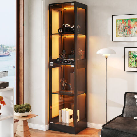 Vetrina a LED 40x35x170 cm con anta singola, 4 ripiani, apertura push-to-open, in MDF e vetro temperato nero.