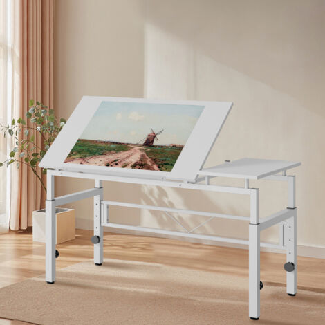 Tavolo da disegno regolabile in altezza (77-100 cm) e inclinabile (0-60°), scrivania in MDF e metallo bianco