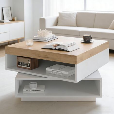 Tavolino quadrato 65x65x40 cm, girevole a 360°, con illuminazione a LED e vano a giorno, in MDF bianco con finitura rovere.