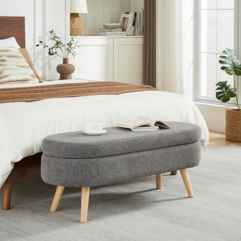 Panca contenitore da 110 cm per camera da letto, ingresso o soggiorno forma ovale piedini antiscivolo rivestimento in velluto grigio.